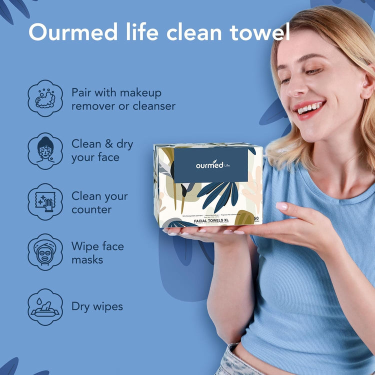 Disposable Biodegradable Face Towels - Lint-Free Facial Cleansing Wipes for Sensitive Skin, Makeup Remover & Skincare, XL 10"X12", 50 Count