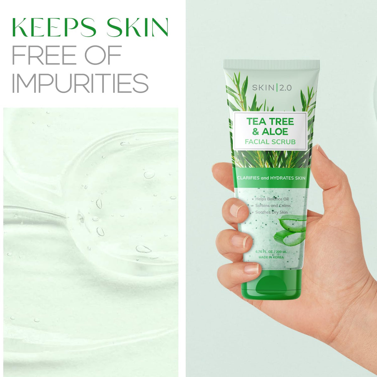 Tea Tree & Aloe Gentle Exfoliating Scrub - Dermatologist Tested, Multi-Tasking Cleanser, Clears Skin - Anti-Aging, Clean Beauty, Cruelty-Free Korean Skincare for All Skin Types - 6.76 Fl Oz