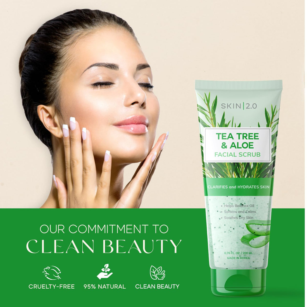 Tea Tree & Aloe Gentle Exfoliating Scrub - Dermatologist Tested, Multi-Tasking Cleanser, Clears Skin - Anti-Aging, Clean Beauty, Cruelty-Free Korean Skincare for All Skin Types - 6.76 Fl Oz